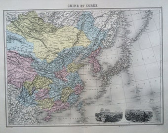 1892 China and Korea Original Antique Map with inset engravings of Beijing and Tokyo, Nouvel Atlas Illustre, French atlas map, Japan