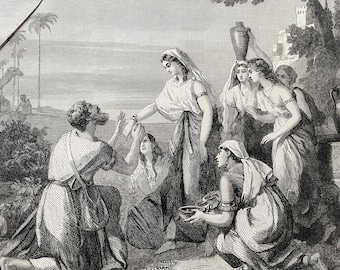 1864 The Meeting of Abraham's Servant with Rebekah at the Well by W. Hilton Original Antique Engraving - Available Framed