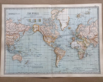 アンティーク ドイツ ローゼル 1641年の世界地図復刻 四元素 版画風印刷紙 1903年 メルカトル図法によるオリジナルアンティーク世界地図。主要国
