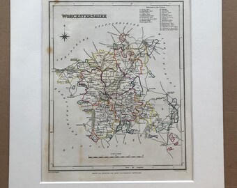 1845 Worcestershire Original Antique Hand-Coloured Engraved Map - UK County Map - Decorative Art - Cartography - Available Framed - England