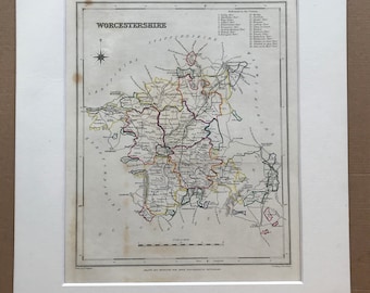 1845 Worcestershire Original Antique Hand-Coloured Engraved Map - UK County Map - Decorative Art - Cartography - Available Framed - England