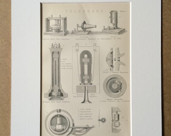 1891 Telephone Original Antique Encyclopaedia Illustration - Technology - Available Mounted, Matted and Framed