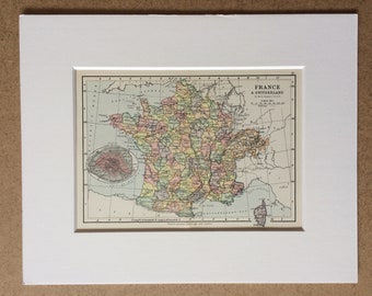 1895 France & Switzerland Original Antique World Map - Mounted and Matted - 8 x 10 inches - Framed Map - Gift Idea - Framed Vintage Art