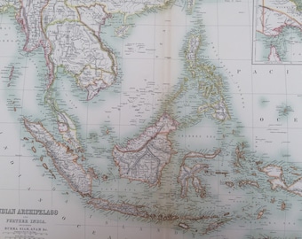1898 Indian Archipelago Extra Large Original Antique A & C Black Map including Further India, Burma, Siam and Anam - Wall Decor