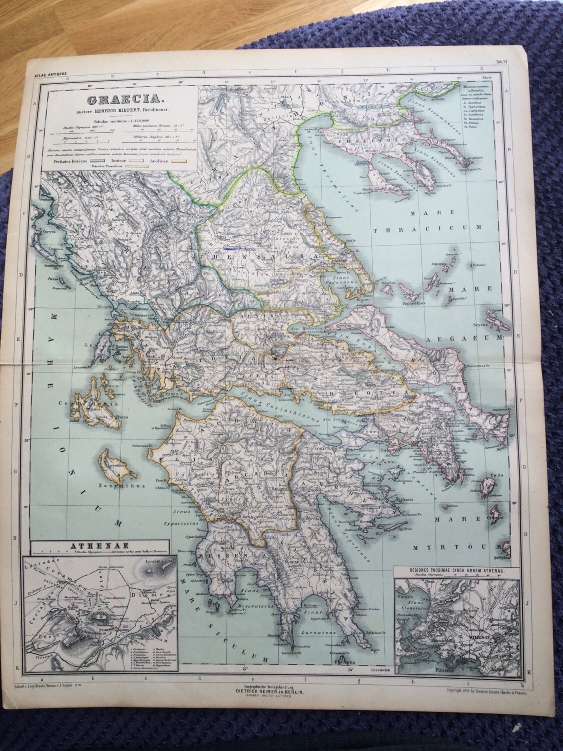1892 GRAECIA Original Antique Ancient History Large Map - Latin Map 