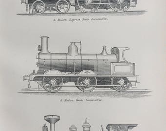 1891 Locomotive Original Antique Steel Engraving - Modern Express Bogie Locomotive, Modern Goods Locomotive and American Express Locomotive
