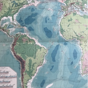 Oceano Atlantico del 1903 - Cavi e profondità oceaniche - Mappa antica originale - Oceanografia - Mappa murale d'epoca