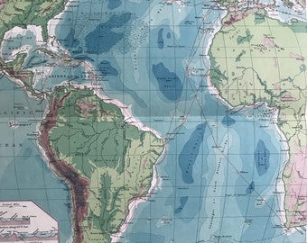 1903 Atlantic Ocean - Cables & Ocean Depths Original Antique Map - Oceanography - Vintage Wall Map