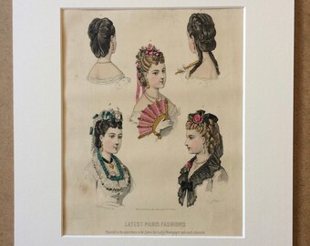 1870 Large Original Antique Hand-coloured Engraving - Latest Paris Fashions - French Fashion - 12 x 16 Inches - Period Vintage Wall Decor