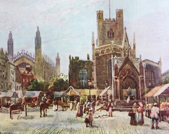 1907 Market Square, Cambridge Original Antique Print - Mounted and Matted - Available Framed