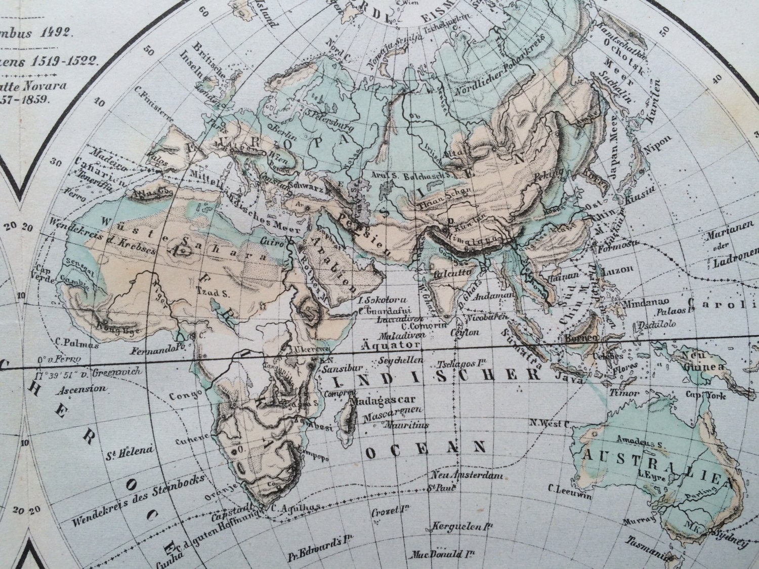 1880 The World in Hemispheres Original Antique Map, 10 x 12.75 inches