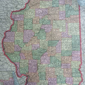 1901 ILLINOIS grande carte ancienne originale, 60 x 35 cm, décoration d'intérieur, cartographie, géographie, décoration vintage, carte de l'État des États-Unis