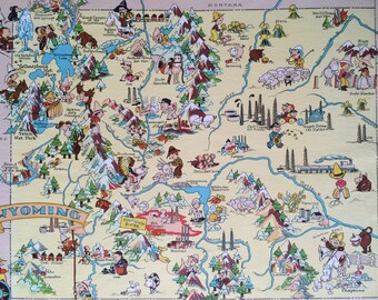 1935 Wyoming Original Vintage Cartoon Map - Ruth Taylor - Mounted and Matted - Whimsical Map - United States