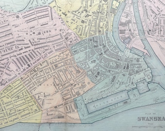 1902 Swansea Original Antique Map - Large Wall Map - City Plan - Wales