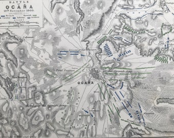 1875 Battle of Ocana, 1809 Original Antique Map - Napoleonic Wars - Spain - Battle Map - Military History - Available Framed