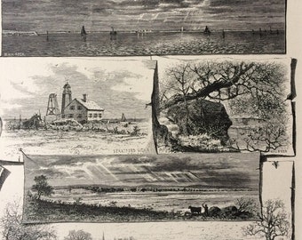 1874 Scenes in Bridgeport, Stratford and Milford, Connecticut Original Antique Wood Engraving - Mounted and Matted - United States