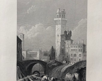 1871 Padua Original Antique Steel Engraving - Italy - Cityscape - Fine Art - Mounted and Matted - Available Framed