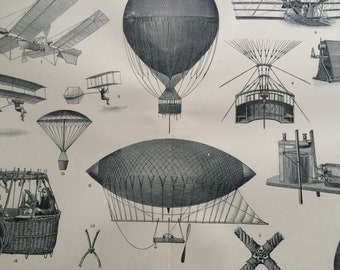 1905 Aeronautics - Aerial Machines Original Antique Print - Available Framed - Hot Air Balloon - Boiler  Propeller Motor - Parachute