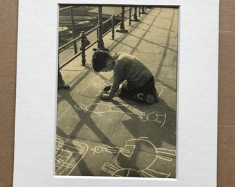 1940s Child drawing on Pavement Original Vintage Print - Mounted and Matted - Available Framed