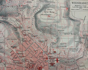 1897 Wiesbaden Original Antique Map - Germany - City Plan - Cartography - Vintage Map - Wall Decor