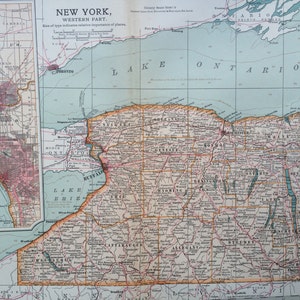Grande carte ancienne originale de l'État de New York (ouest) de 1903 avec des cartes de Buffalo et de Rochester