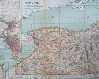 1903 New York State (West) Original Large Antique Map with inset maps of Buffalo and Rochester