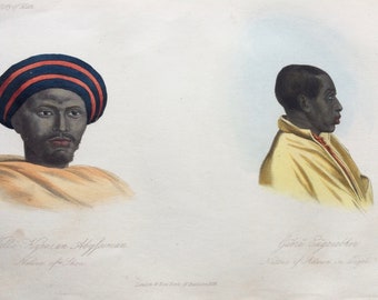 1855 An Abyssinian, Native of Shoa and Native of Adowa in Tigre Original Antique Hand Coloured Engraving - Human Races - Anthropology