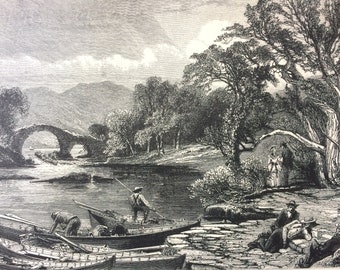 1876 The Old Weir Bridge, Killarney Original Antique Wood Engraving - Mounted and Matted - Ireland - County Kerry - Decorative Art