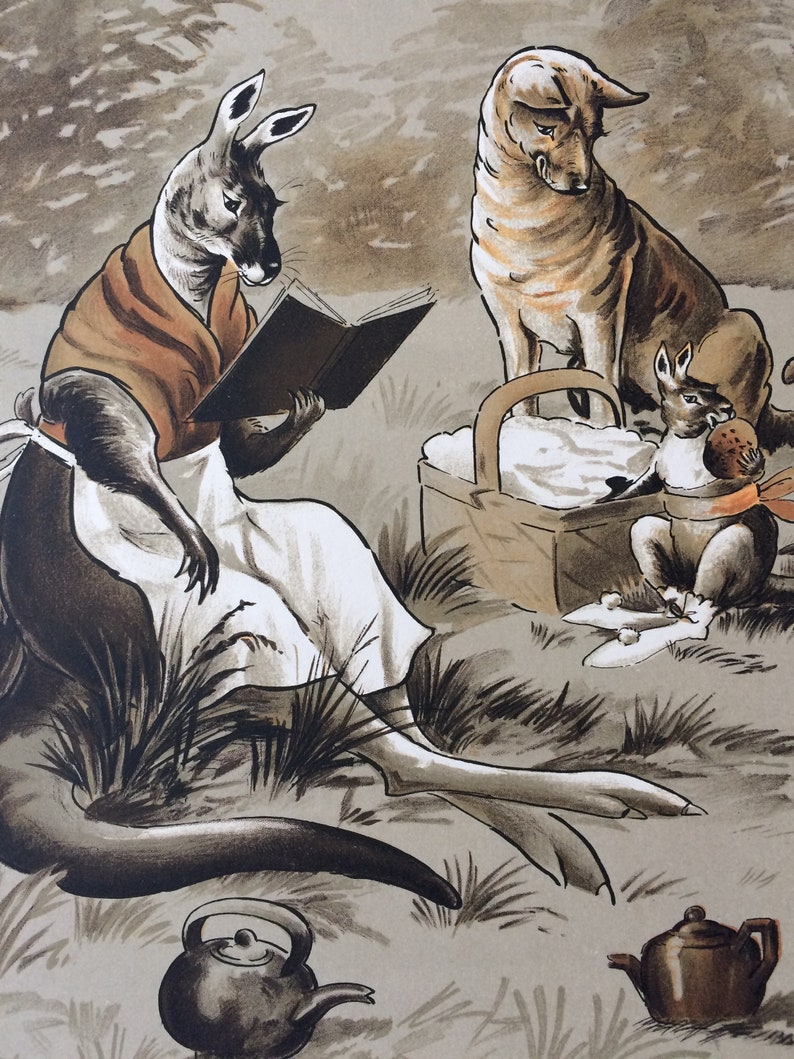 1912 Kangaroo Large Original Antique Illustration Vintage Cartoon Story Illustration Mounted and Matted Nursery Decor
