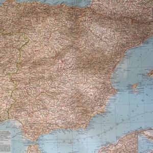 1914 SPANIEN & PORTUGAL Große Originalkarte, 17 x 22 Zoll, historische Wanddekoration, Debes Atlas, Wohndekor, Kartographie, Geographie
