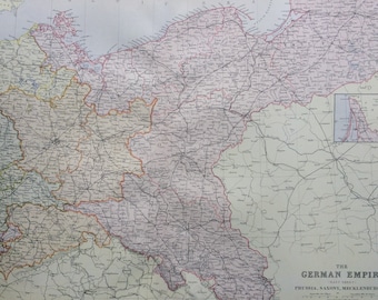1882 GERMAN EMPIRE (East) including Prussia, Saxony, Mecklenburg & Co Large Original Antique Map, 15 x 22 inches, Home Decor, wall map