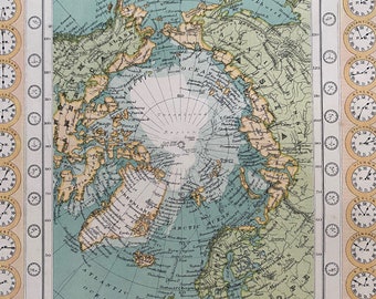1909 North Polar Regions & Universal Time Chart Original Antique Map - Arctic - North Pole - Polar Exploration Routes - Available Framed