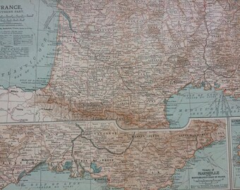 1903 South of France Original Large Antique Map with inset maps of the vicinity of Marseille and Corsica