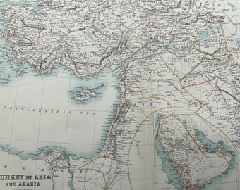 1898 Turkey in Asia and Arabia Extra Large Original Antique A & C Black Map - Middle East - Syria, Lebanon, Iraq - Gift Idea - Wall Decor