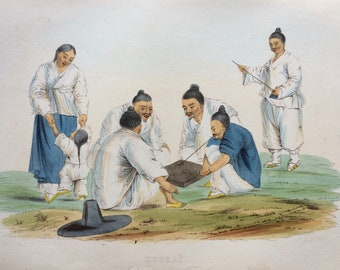 1855 Koorai - A Fishermans Family Original Antique Hand Coloured Engraving - Human Races - Anthropology - Ethnography - Korea