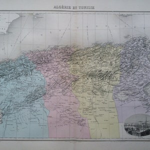 1892 アルジェリアとチュニジアのオリジナルアンティーク地図、Nouvel Atlas Illustre、フランスの地図帳、地理、地図作成、歴史地図