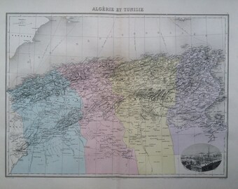 1892 ALGERIA & TUNISIA original antique map, Nouvel Atlas Illustre, French atlas map, Geography, Cartography, Historical Map