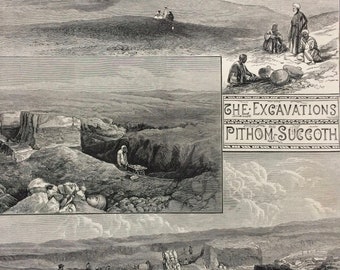 1883 A Buried City of the Exodus Original Antique Engraving - Victorian Decor - The Excavations - Pithom Succoth - Archaeology - Egypt