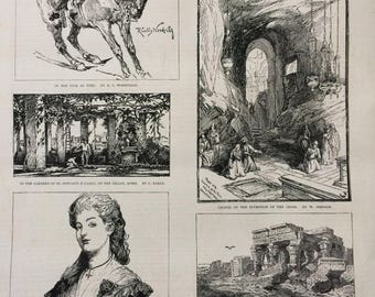 1883 Original Antique Engraving - Pictures from the Exhibition of the Institute of Painters in Oil Colours - Victorian Decor