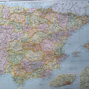 1898 SPAIN & PORTUGAL Large Original Antique Map, 14 x 18.5 inches, historical wall decor, Bartholomew map, Home Decor, Cartography