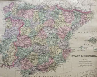 1888 SPAIN & PORTUGAL large rare original antique Mitchell Map - lovely pastel colours - Wall Decor - Home Decor - Gift Idea