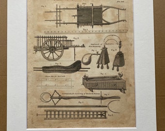 1806 Horse Stretcher, Instruments for restoring drowned Original Antique Engraving - Encyclopaedia - Mounted and Matted - Available Framed