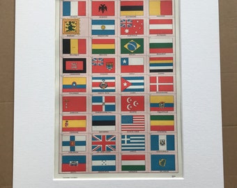 1923 National Flags Original Antique Print - Mounted and Matted - Decorative Art - Wall Decor - Vexillology - Flag Decor