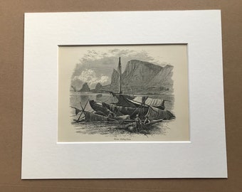 1876 Tartar Fishing-Boats Original Antique Wood Engraving - Mounted and Matted - Available Framed - Russia