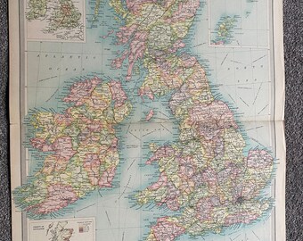 1922 BRITISH ISLES Large Original Antique Times Atlas Political Map with inset Industrial sketch map and density of population map