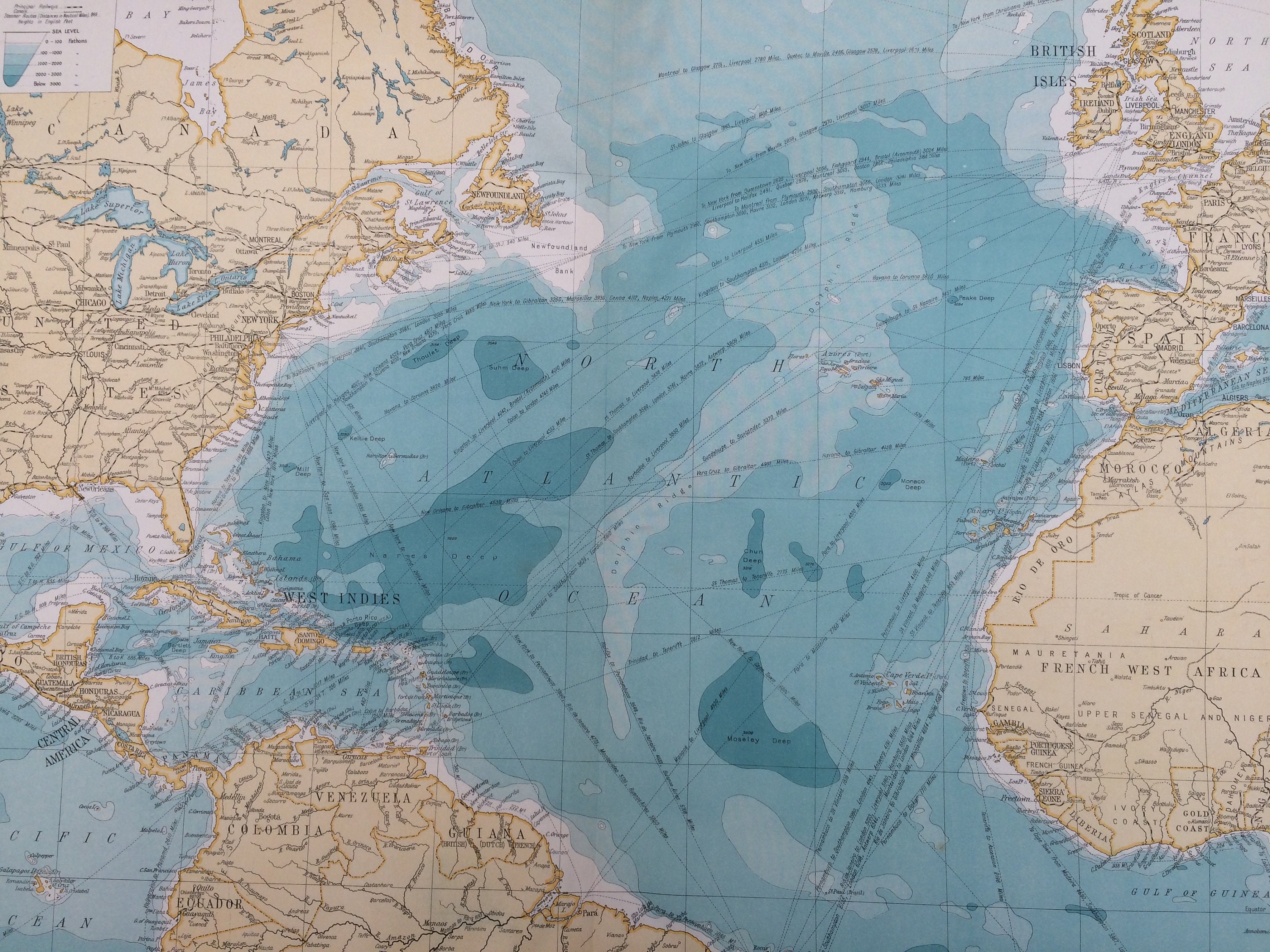 1920 North Atlantic Ocean Extra Large Original Antique Map showing ...