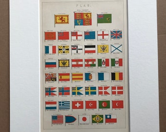 1891 Flags Original Antique Lithograph - Mounted and Matted - Available Framed - Royal Standard - Merchant - Man of War - Vexillology