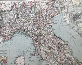 1903 Northern Italy Large Original Antique Map with inset maps of Italian possessions, Venice and Genoa, 15.5 x 20.5 inches, Harmsworth map