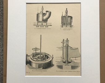 1891 Turbine Original Antique Print - Victorian Technology - Machinery - Diagram - Available Framed