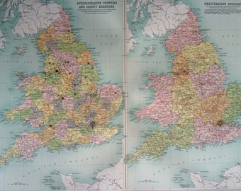 1903 ENGLAND & WALES (Administrative) Large Original Antique Map, 17.5 x 23 inches, historical wall decor, Bartholomew map, Home Decor